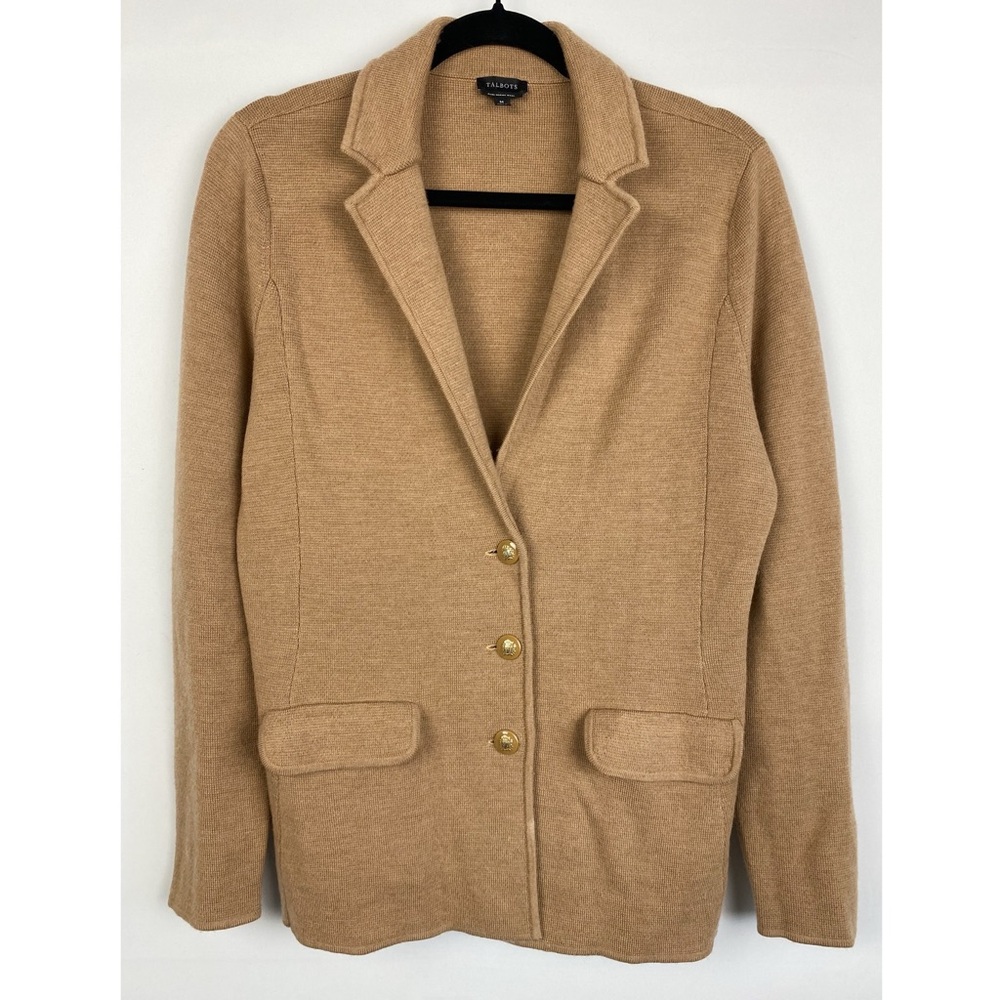 Talbots Womens Merino Wool Knit Blazer Cardigan‎ M Tan Minimalist Old Money